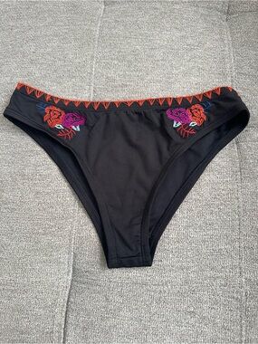 Black Bikini Bottom with Colorful Floral Embroidery